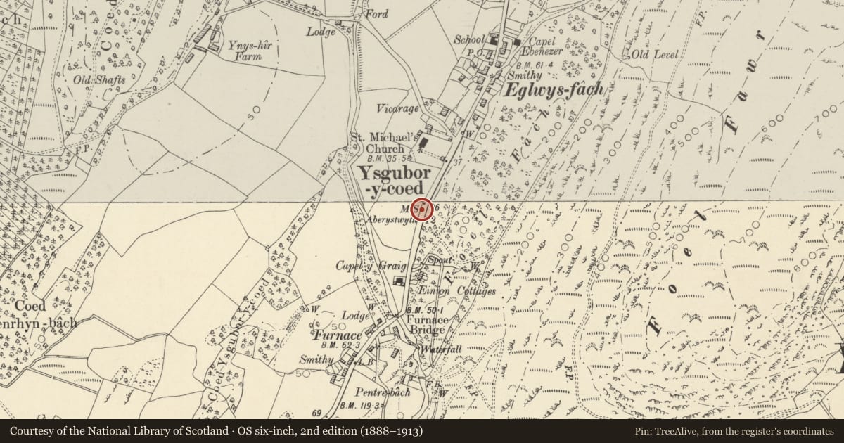 Ordnance Survey six-inch map, 2nd edition (1888–1913) covering the location of Milestone to S of Eglwys Fach, Ysgubor-y-Coed, Ceredigion, with a pin at the register's coordinates