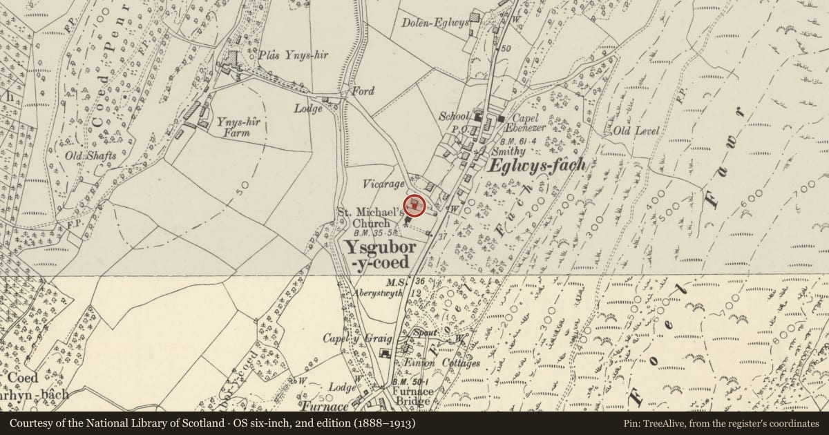 Ordnance Survey six-inch map, 2nd edition (1888–1913) covering the location of No 1 Ty Mawr, Ysgubor-y-Coed, Ceredigion, with a pin at the register's coordinates
