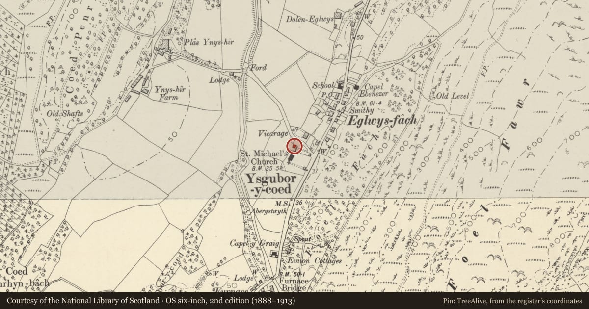 Ordnance Survey six-inch map, 2nd edition (1888–1913) covering the location of No 2 Ty Mawr, Ysgubor-y-Coed, Ceredigion, with a pin at the register's coordinates