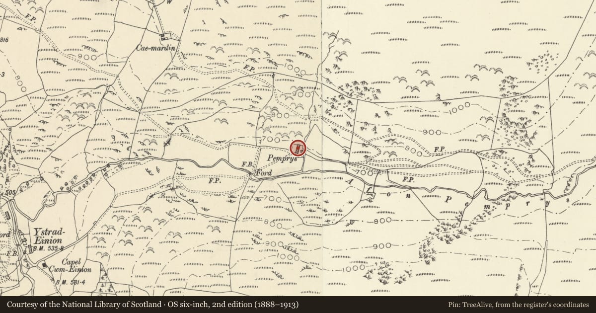 Ordnance Survey six-inch map, 2nd edition (1888–1913) covering the location of Pemprys, Ysgubor-y-Coed, Ceredigion, with a pin at the register's coordinates