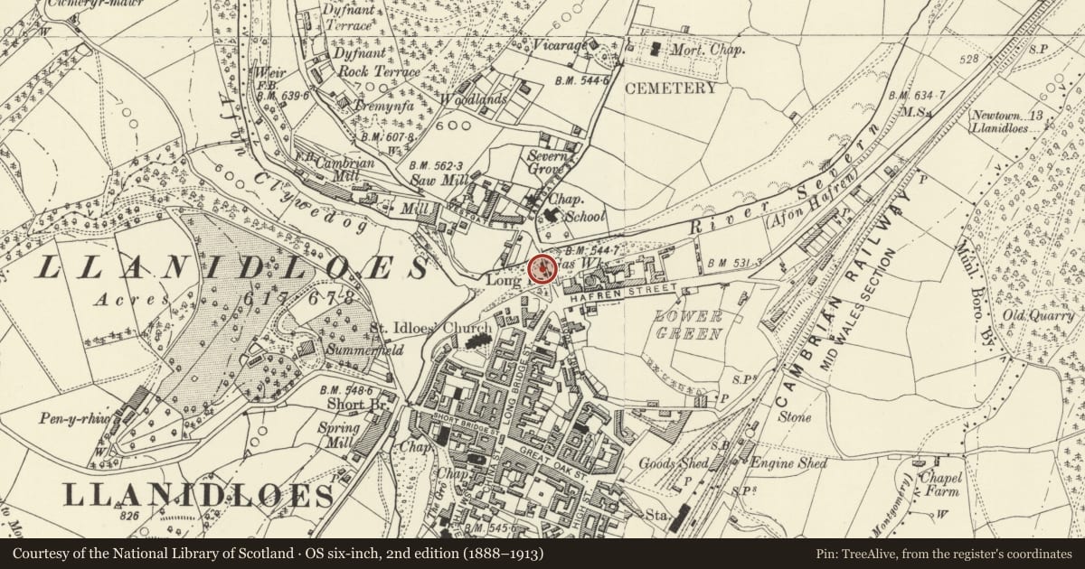 Ordnance Survey six-inch map, 2nd edition (1888–1913) covering the location of Long Bridge, Llanidloes, Powys, with a pin at the register's coordinates