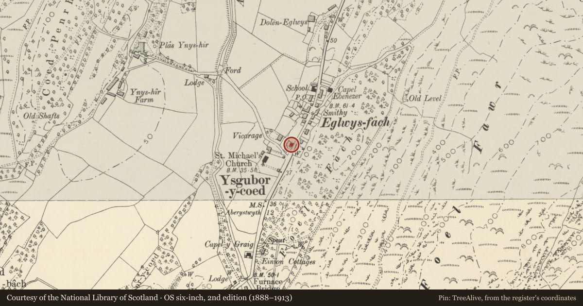 Ordnance Survey six-inch map, 2nd edition (1888–1913) covering the location of The Church Hall, Ysgubor-y-Coed, Ceredigion, with a pin at the register's coordinates