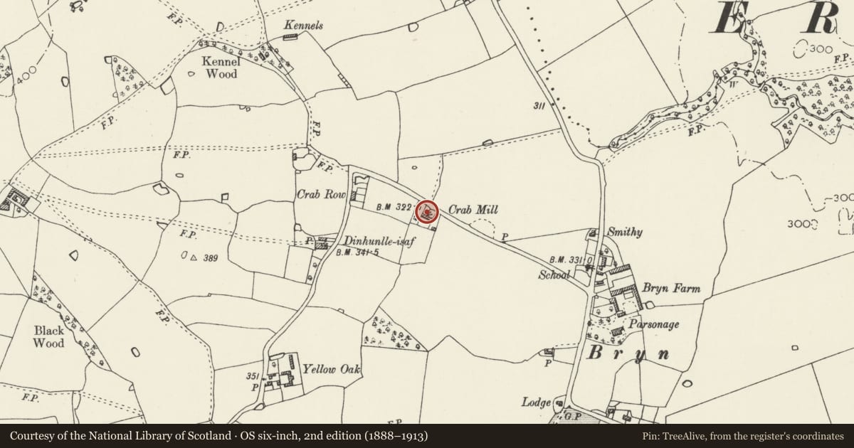 Ordnance Survey six-inch map, 2nd edition (1888–1913) covering the location of Crab Mill, Ruabon, Wrexham, with a pin at the register's coordinates