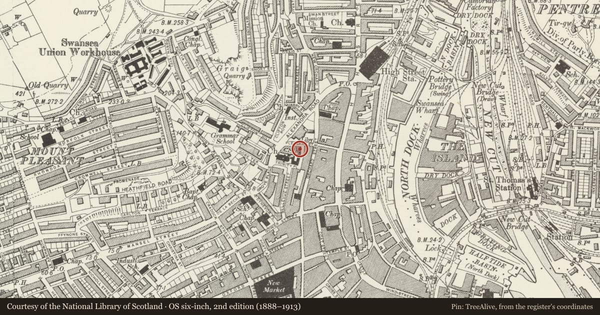 Ordnance Survey six-inch map, 2nd edition (1888–1913) covering the location of Centre for Greater Self Awareness (The Old Ragged School), Castle, Swansea, with a pin at the register's coordinates