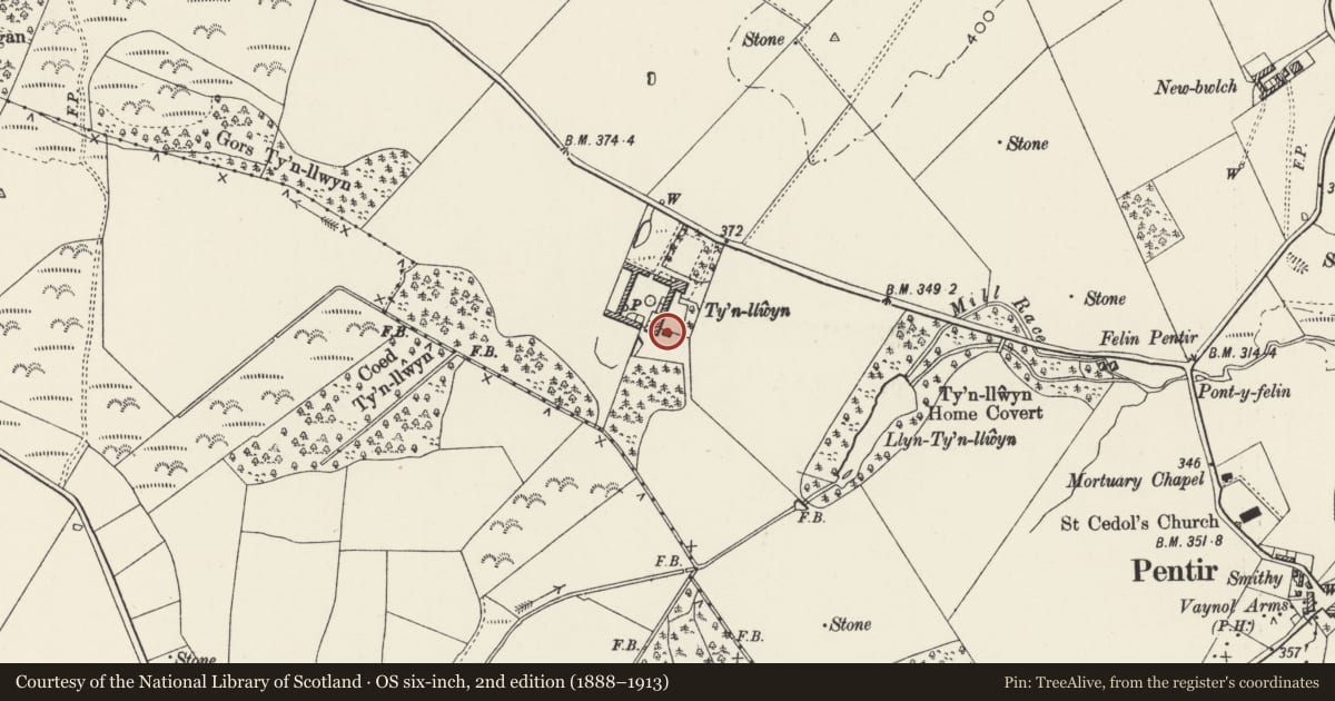 Ordnance Survey six-inch map, 2nd edition (1888–1913) covering the location of Ty'n Llwyn Farm - Detached barn outside Yard to E, Pentir, Gwynedd, with a pin at the register's coordinates