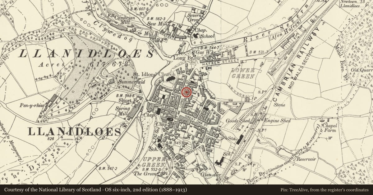 Ordnance Survey six-inch map, 2nd edition (1888–1913) covering the location of Talerddig Bakery including Tourist Information Centre, Llanidloes, Powys, with a pin at the register's coordinates