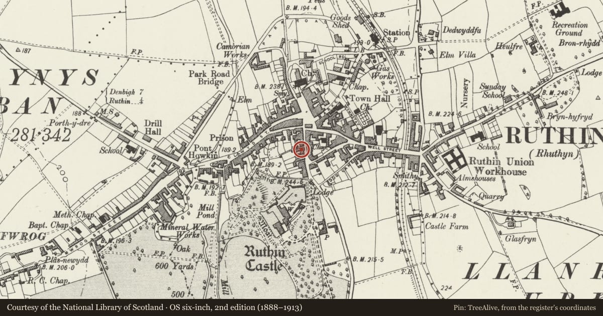 Ordnance Survey six-inch map, 2nd edition (1888–1913) covering the location of Nantclwyd House, Ruthin, Denbighshire, with a pin at the register's coordinates