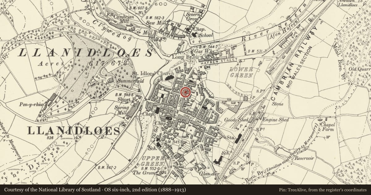 Ordnance Survey six-inch map, 2nd edition (1888–1913) covering the location of 44 Bridge Street, Llanidloes, Powys, with a pin at the register's coordinates
