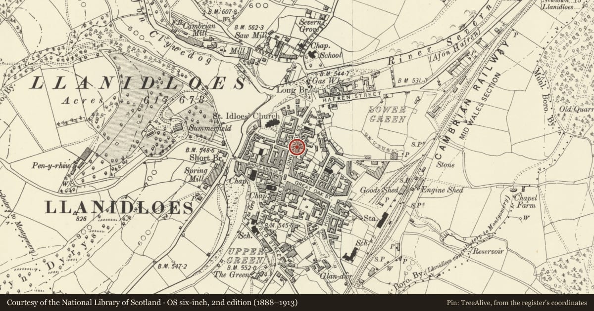 Ordnance Survey six-inch map, 2nd edition (1888–1913) covering the location of Clywedog House, Llanidloes, Powys, with a pin at the register's coordinates