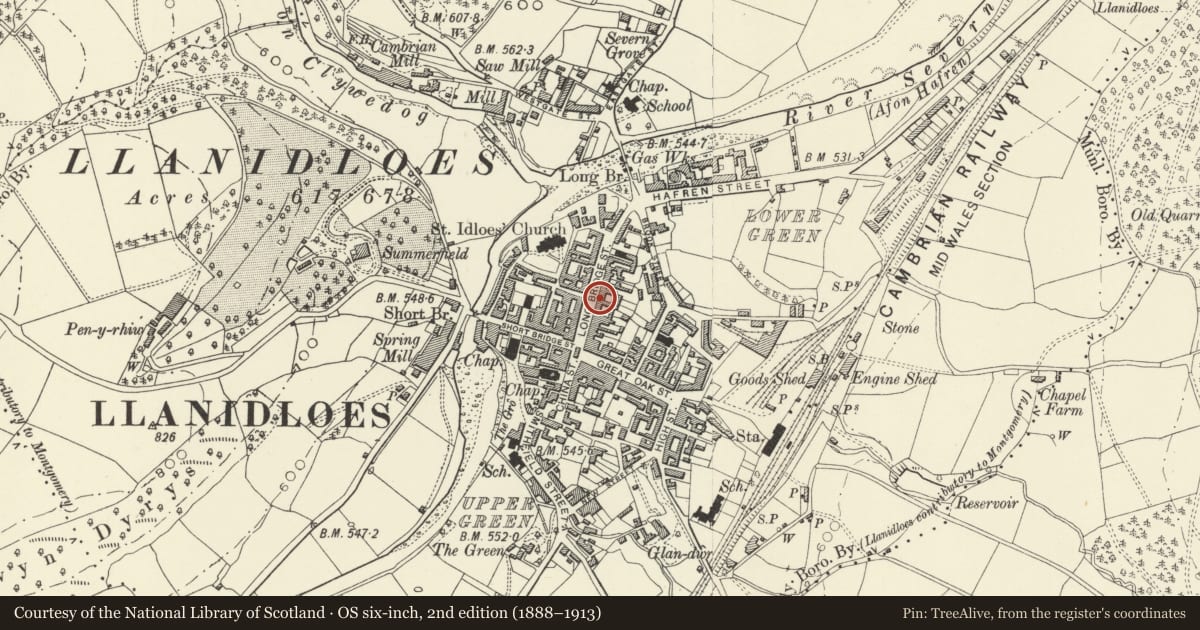Ordnance Survey six-inch map, 2nd edition (1888–1913) covering the location of Elephant Hotel, Llanidloes, Powys, with a pin at the register's coordinates