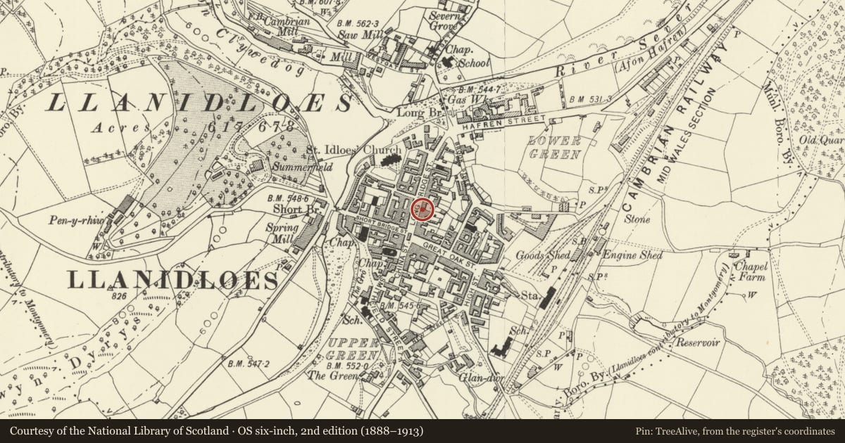 Ordnance Survey six-inch map, 2nd edition (1888–1913) covering the location of Plynlimon House, Llanidloes, Powys, with a pin at the register's coordinates