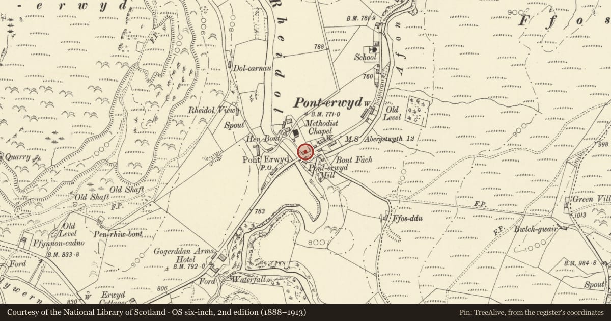 Ordnance Survey six-inch map, 2nd edition (1888–1913) covering the location of Former chapel schoolroom, Blaenrheidol, Ceredigion, with a pin at the register's coordinates