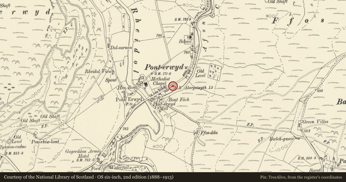 Ordnance Survey six-inch map, 2nd edition (1888–1913) covering the location of Milestone on A44 in Ponterwyd, Blaenrheidol, Ceredigion, with a pin at the register's coordinates