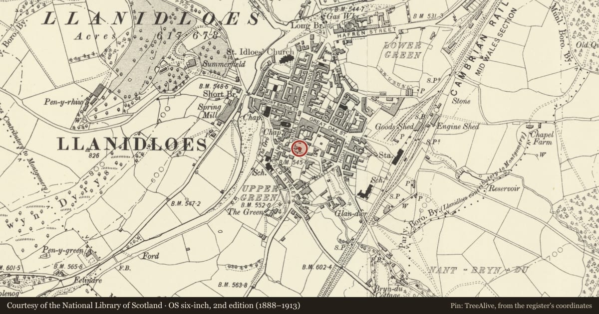 Ordnance Survey six-inch map, 2nd edition (1888–1913) covering the location of House to rear of Perllandy, Llanidloes, Powys, with a pin at the register's coordinates