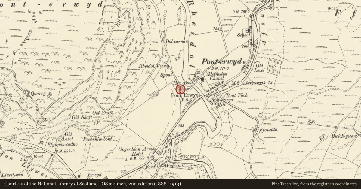 Ordnance Survey six-inch map, 2nd edition (1888–1913) covering the location of Penybont, Blaenrheidol, Ceredigion, with a pin at the register's coordinates