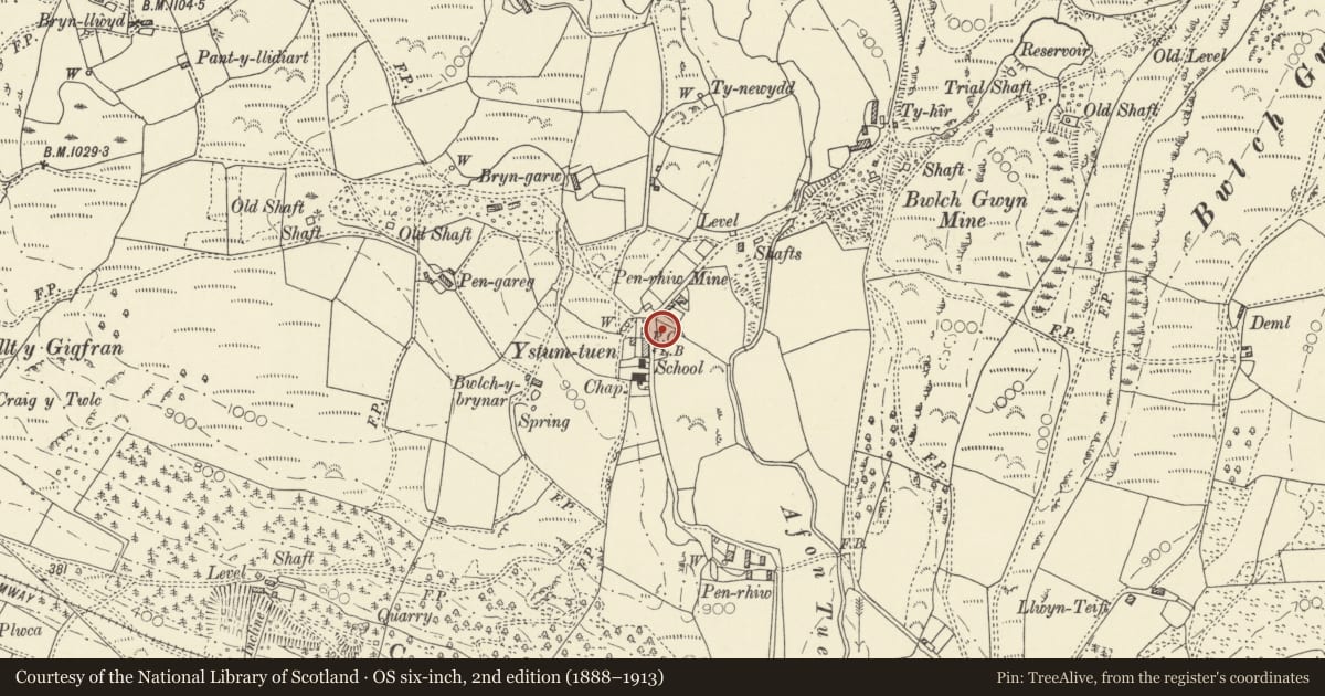 Ordnance Survey six-inch map, 2nd edition (1888–1913) covering the location of Telephone Call-box, Blaenrheidol, Ceredigion, with a pin at the register's coordinates