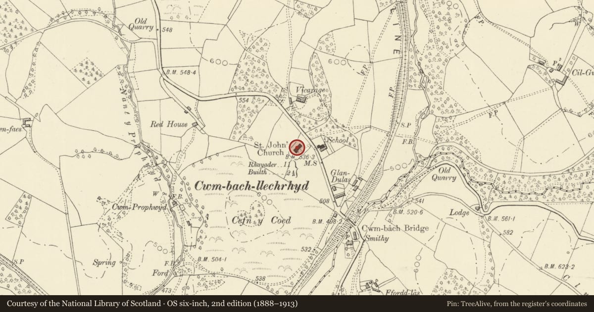 Ordnance Survey six-inch map, 2nd edition (1888–1913) covering the location of Church of St John, Disserth and Trecoed, Powys, with a pin at the register's coordinates