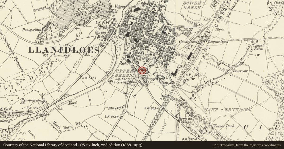Ordnance Survey six-inch map, 2nd edition (1888–1913) covering the location of Claremont, Llanidloes, Powys, with a pin at the register's coordinates