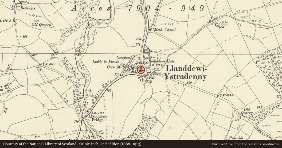 Ordnance Survey six-inch map, 2nd edition (1888–1913) covering the location of Church of St David, Llanddewi Ystradenny, Powys, with a pin at the register's coordinates
