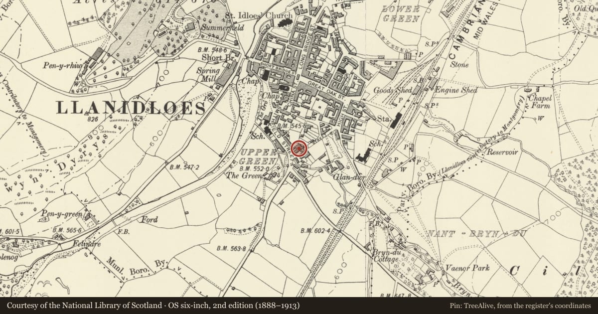 Ordnance Survey six-inch map, 2nd edition (1888–1913) covering the location of 5 New Street, Llanidloes, Powys, with a pin at the register's coordinates