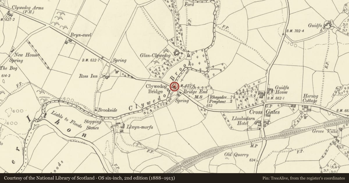 Ordnance Survey six-inch map, 2nd edition (1888–1913) covering the location of Clywedog Bridge (partly in Nantmel), Llanbadarn Fawr, Powys, with a pin at the register's coordinates