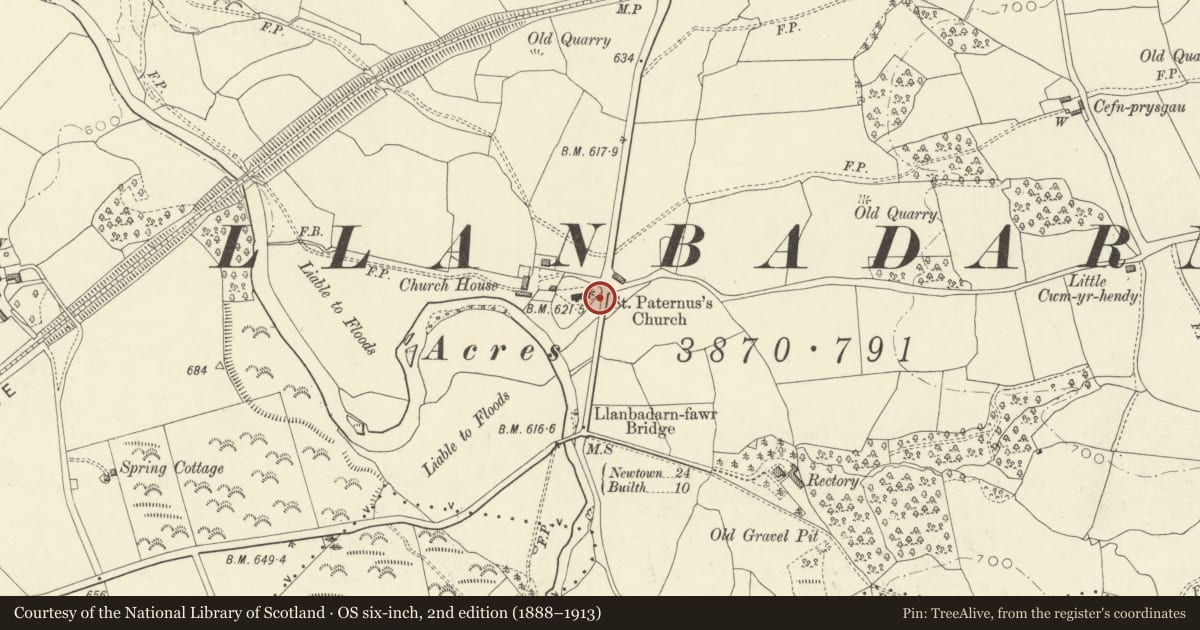 Ordnance Survey six-inch map, 2nd edition (1888–1913) covering the location of Milestone on A483, Llanbadarn Fawr, Powys, with a pin at the register's coordinates