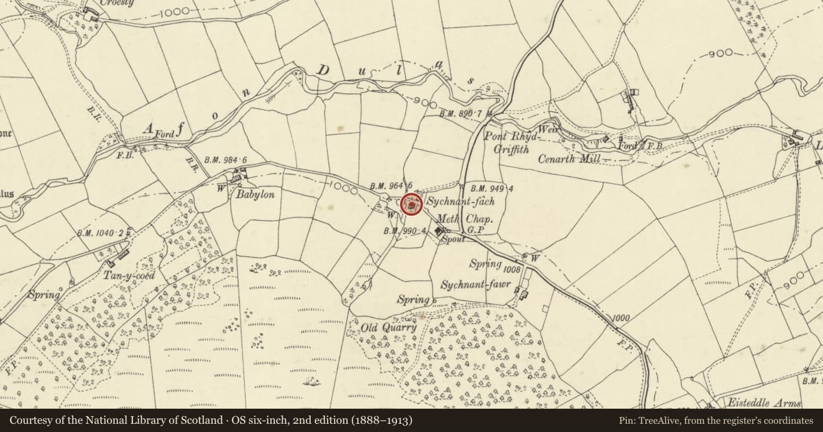 Ordnance Survey six-inch map, 2nd edition (1888–1913) covering the location of Farm building at Sychnant Fach, St. Harmon, Powys, with a pin at the register's coordinates