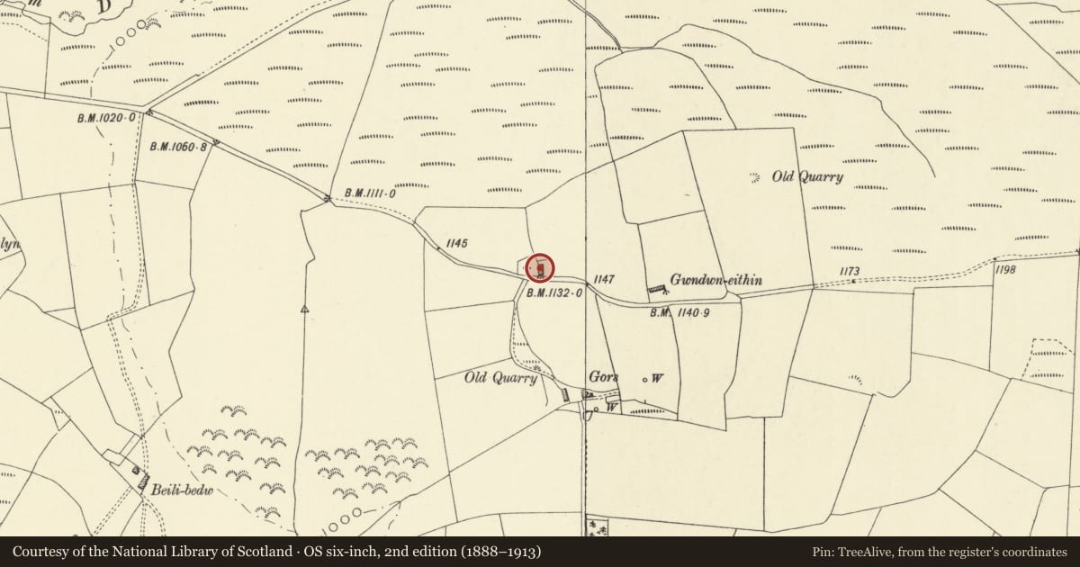 Ordnance Survey six-inch map, 2nd edition (1888–1913) covering the location of Field barn at Gors Farm, St. Harmon, Powys, with a pin at the register's coordinates