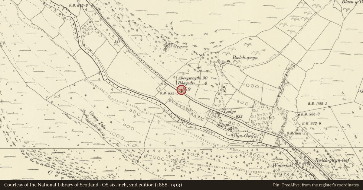 Ordnance Survey six-inch map, 2nd edition (1888–1913) covering the location of Milestone on A470, St. Harmon, Powys, with a pin at the register's coordinates