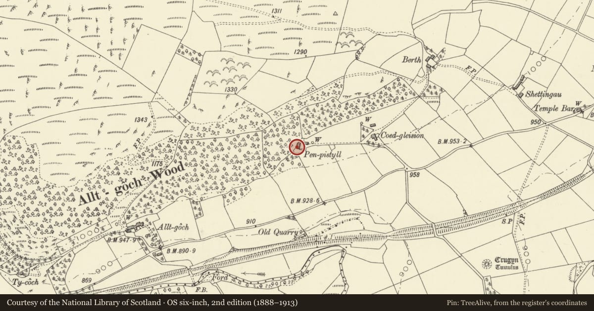 Ordnance Survey six-inch map, 2nd edition (1888–1913) covering the location of Pen-Pistyll, including attached farm range, St. Harmon, Powys, with a pin at the register's coordinates