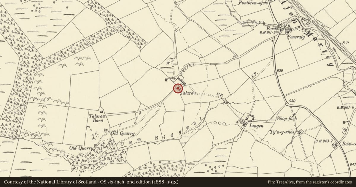 Ordnance Survey six-inch map, 2nd edition (1888–1913) covering the location of Talarau, St. Harmon, Powys, with a pin at the register's coordinates