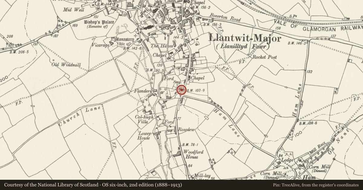 Ordnance Survey six-inch map, 2nd edition (1888–1913) covering the location of 2 Flanders Road, Llantwit Major, Vale of Glamorgan, with a pin at the register's coordinates