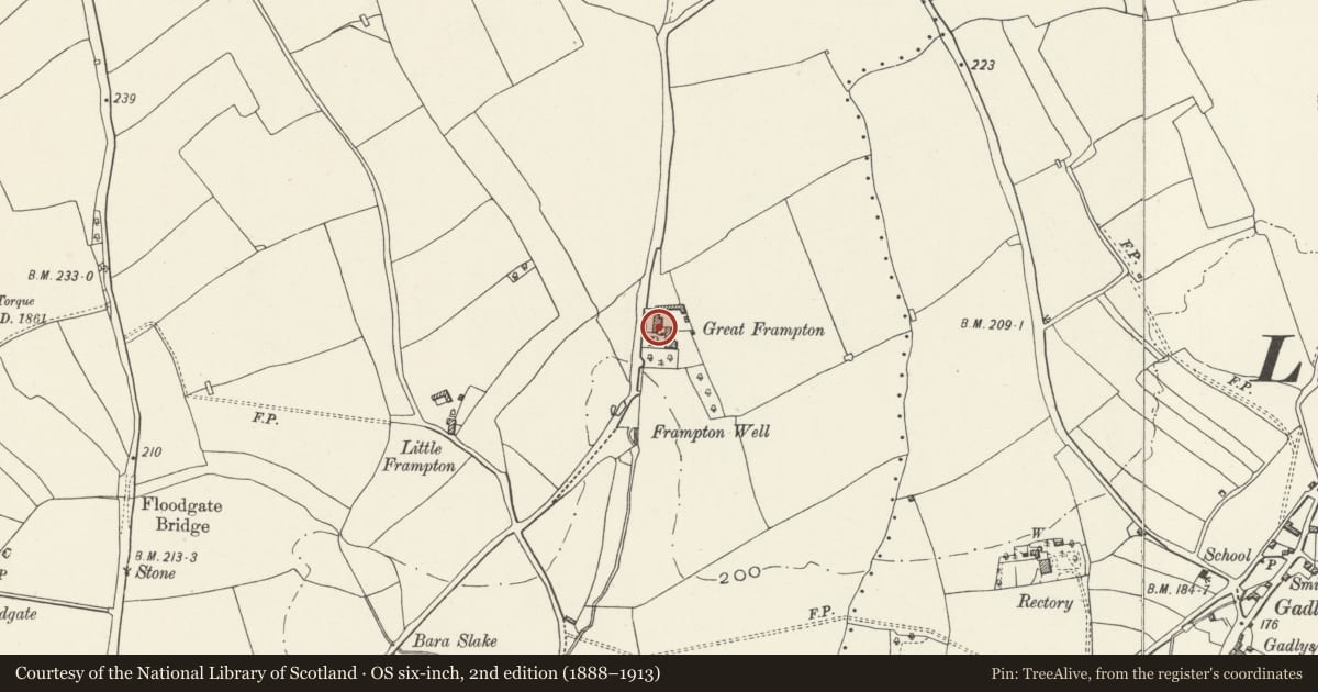 Ordnance Survey six-inch map, 2nd edition (1888–1913) covering the location of Barn and Stable Range at Great Frampton Farm, Llantwit Major, Vale of Glamorgan, with a pin at the register's coordinates