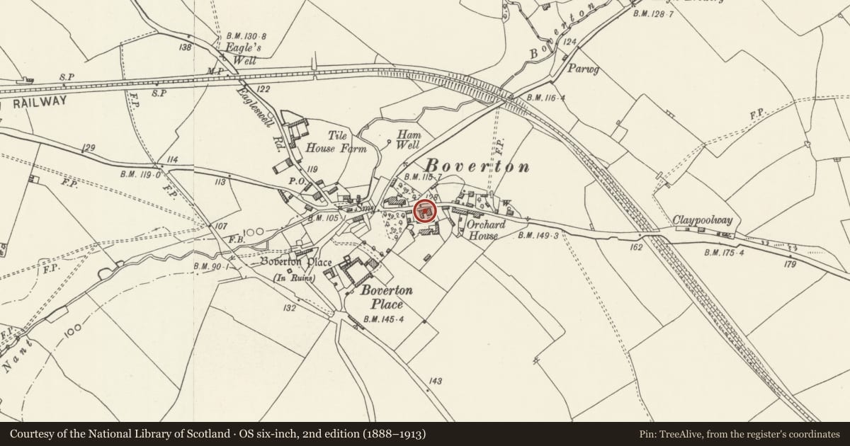 Ordnance Survey six-inch map, 2nd edition (1888–1913) covering the location of Cherry Tree Cottage, Llantwit Major, Vale of Glamorgan, with a pin at the register's coordinates