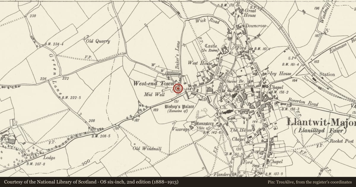 Ordnance Survey six-inch map, 2nd edition (1888–1913) covering the location of Circular Walls and Steps at West End Pond, Llantwit Major, Vale of Glamorgan, with a pin at the register's coordinates