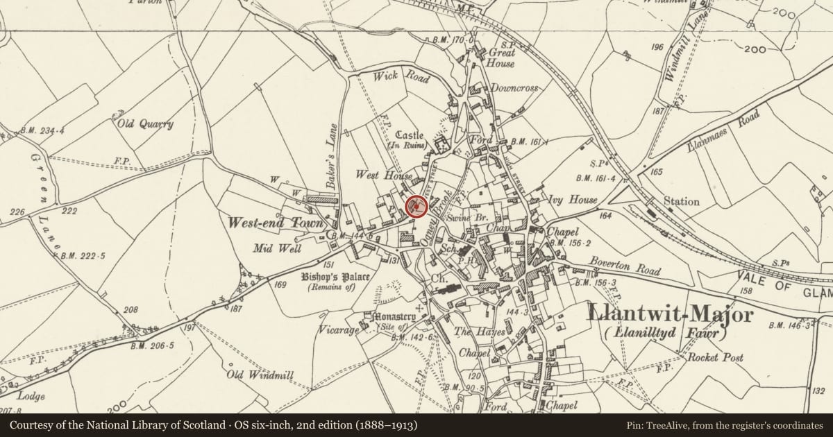 Ordnance Survey six-inch map, 2nd edition (1888–1913) covering the location of Front Garden Wall to West Farm, Llantwit Major, Vale of Glamorgan, with a pin at the register's coordinates