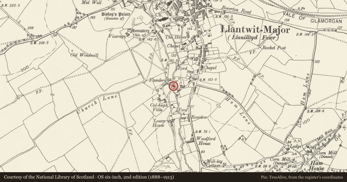 Ordnance Survey six-inch map, 2nd edition (1888–1913) covering the location of Garden Wall and Gate of Flanders Farmhouse, Llantwit Major, Vale of Glamorgan, with a pin at the register's coordinates