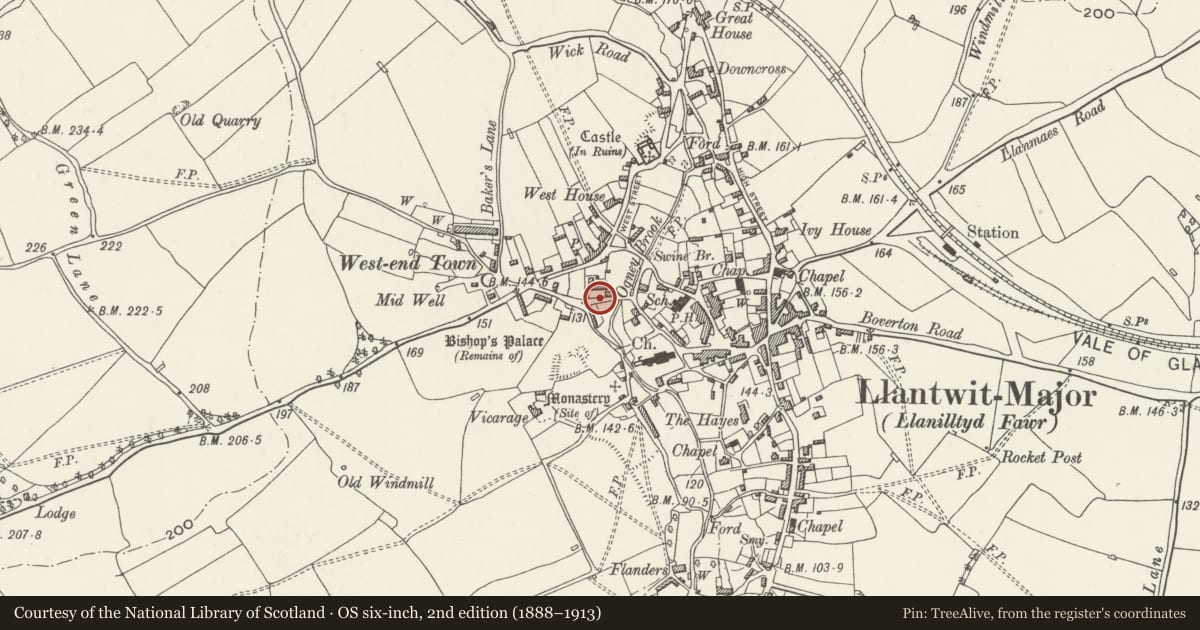 Ordnance Survey six-inch map, 2nd edition (1888–1913) covering the location of Garden Wall, Gate and Mounting Block and Stables at Plymouth House, Llantwit Major, Vale of Glamorgan, with a pin at the register's coordinates