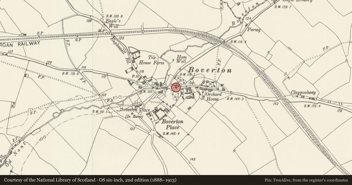 Ordnance Survey six-inch map, 2nd edition (1888–1913) covering the location of Garden Walls and Railings of Boverton House, Llantwit Major, Vale of Glamorgan, with a pin at the register's coordinates