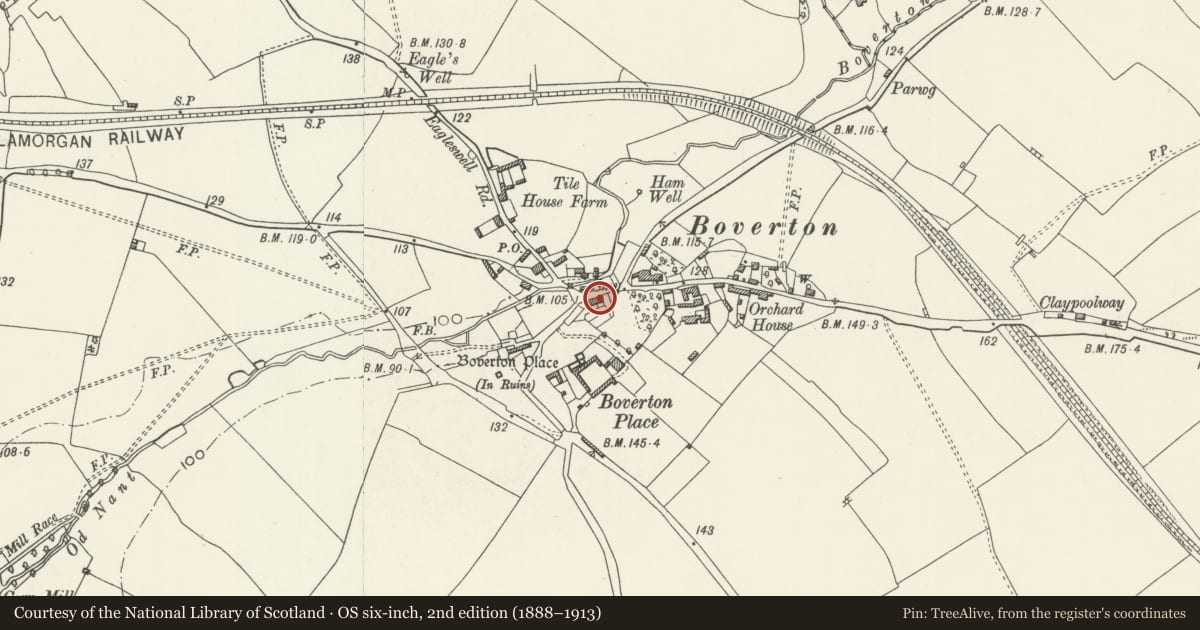 Ordnance Survey six-inch map, 2nd edition (1888–1913) covering the location of Navron, Llantwit Major, Vale of Glamorgan, with a pin at the register's coordinates