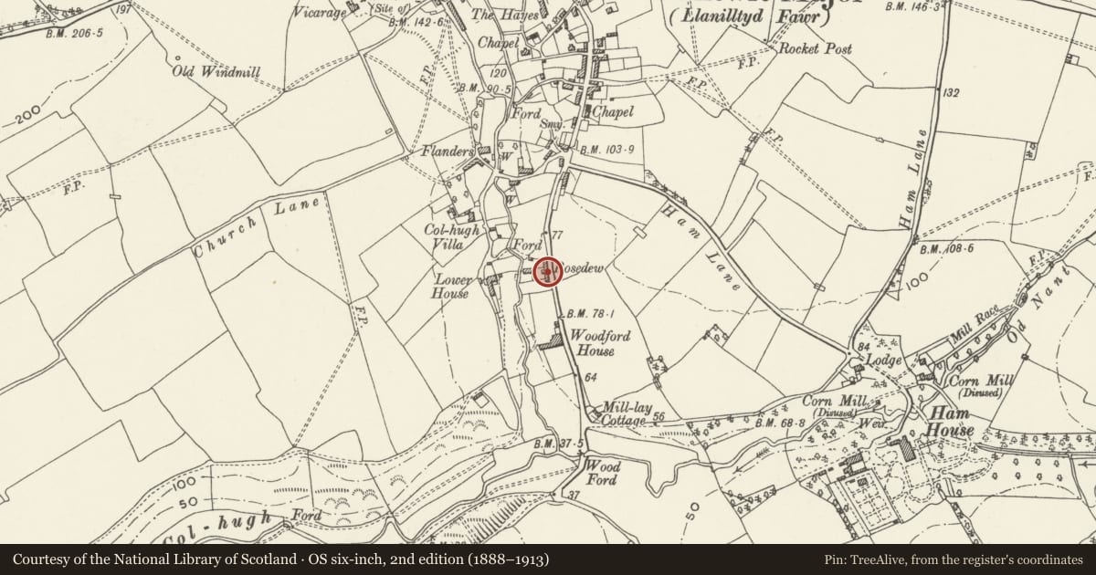 Ordnance Survey six-inch map, 2nd edition (1888–1913) covering the location of Old Rosedew House, Llantwit Major, Vale of Glamorgan, with a pin at the register's coordinates