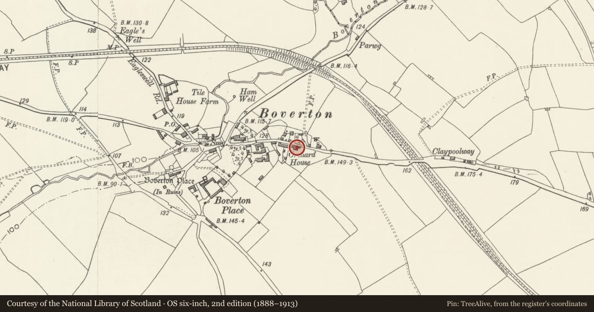Ordnance Survey six-inch map, 2nd edition (1888–1913) covering the location of Orchard House, Llantwit Major, Vale of Glamorgan, with a pin at the register's coordinates
