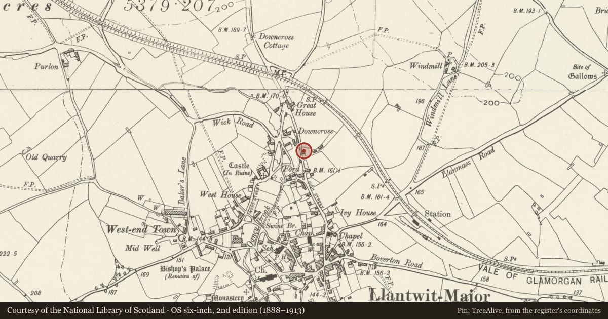Ordnance Survey six-inch map, 2nd edition (1888–1913) covering the location of Outhouse at Sunny Bank, Llantwit Major, Vale of Glamorgan, with a pin at the register's coordinates
