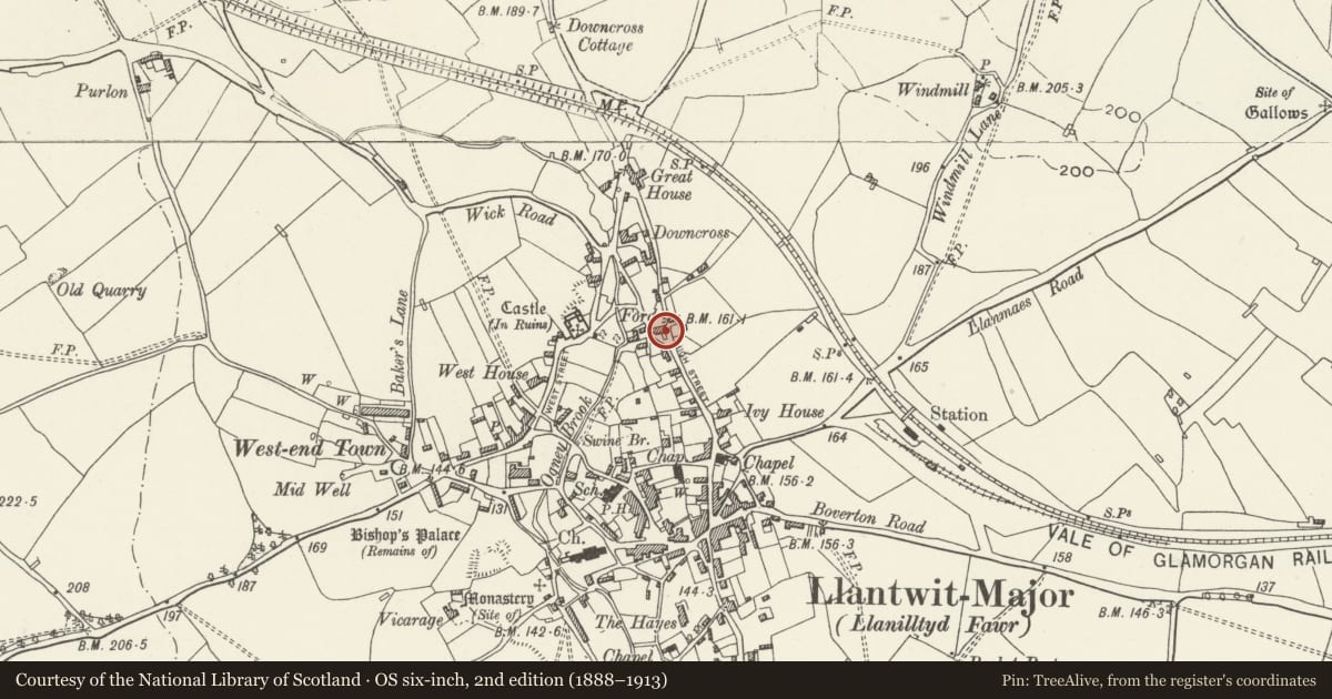 Ordnance Survey six-inch map, 2nd edition (1888–1913) covering the location of Pear Tree Cottage with attached wall and mounting block, Llantwit Major, Vale of Glamorgan, with a pin at the register's coordinates