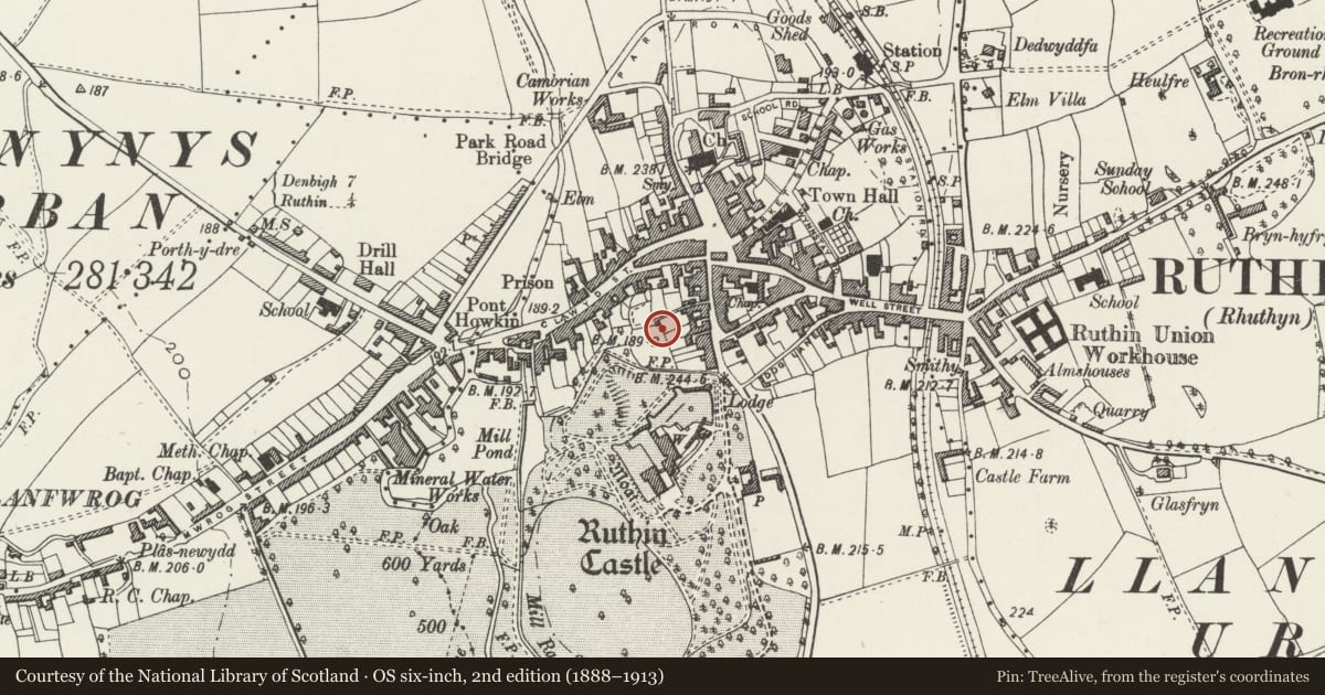 Ordnance Survey six-inch map, 2nd edition (1888–1913) covering the location of Garden Walls to Nantclwyd House, Ruthin, Denbighshire, with a pin at the register's coordinates