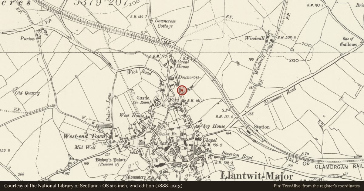 Ordnance Survey six-inch map, 2nd edition (1888–1913) covering the location of Sunny Bank, with attached garden wall, Llantwit Major, Vale of Glamorgan, with a pin at the register's coordinates