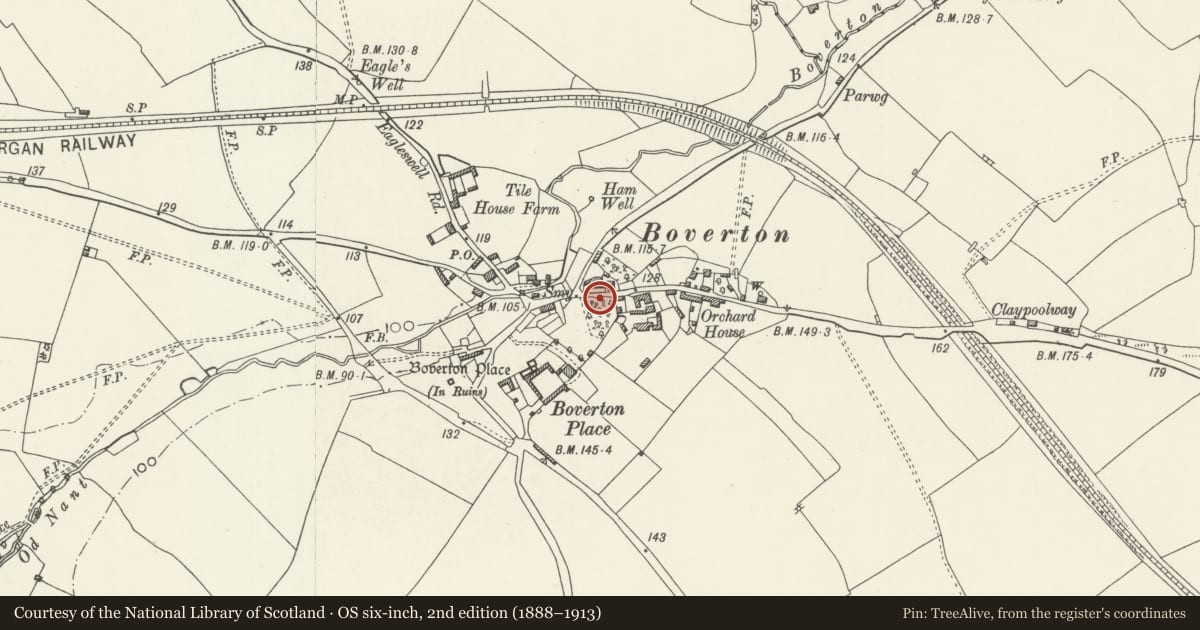 Ordnance Survey six-inch map, 2nd edition (1888–1913) covering the location of Wall and Gateway opposite Boverton House, Llantwit Major, Vale of Glamorgan, with a pin at the register's coordinates