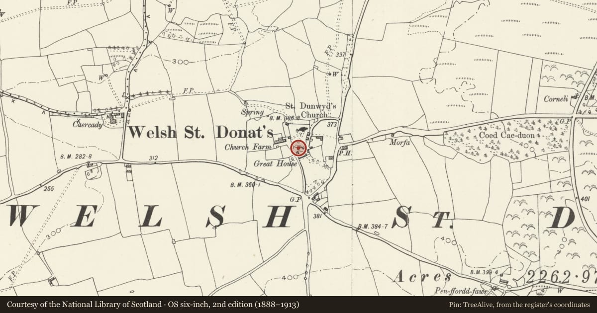 Ordnance Survey six-inch map, 2nd edition (1888–1913) covering the location of Churchyard Wall of Church of St Donat, Welsh St. Donats, Vale of Glamorgan, with a pin at the register's coordinates