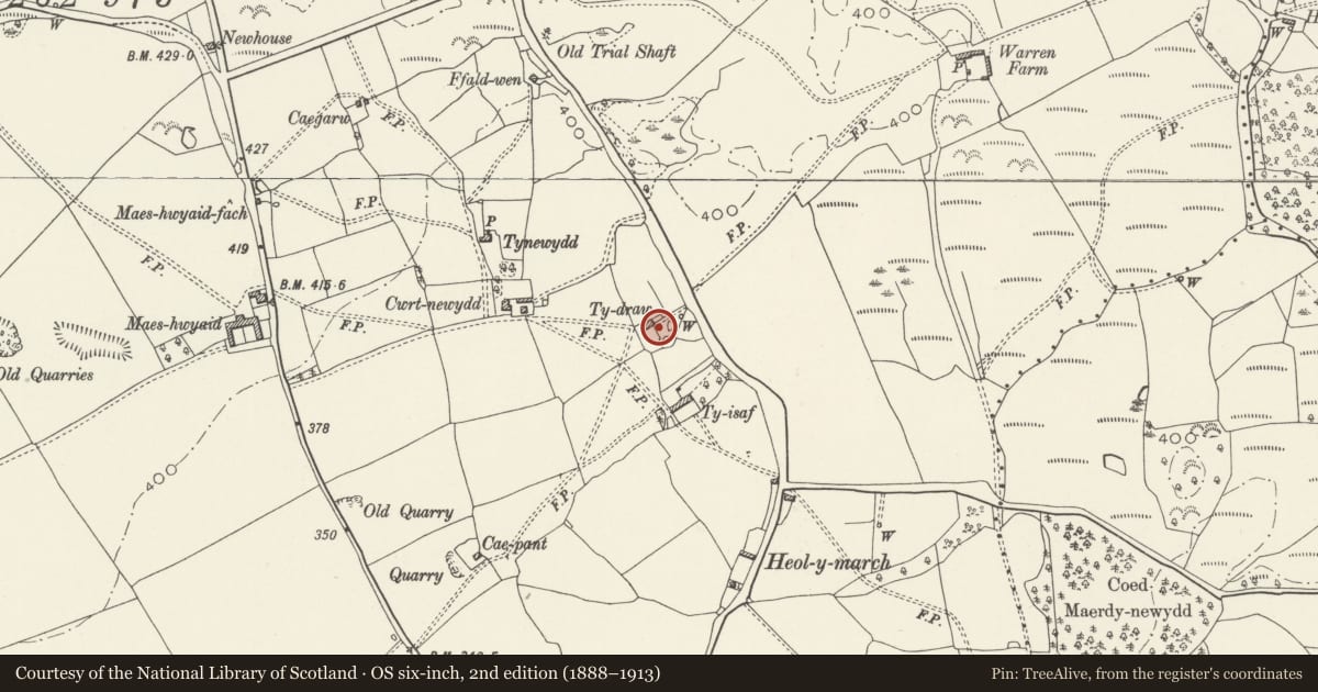 Ordnance Survey six-inch map, 2nd edition (1888–1913) covering the location of Pigsty at Ty-draw, Welsh St. Donats, Vale of Glamorgan, with a pin at the register's coordinates