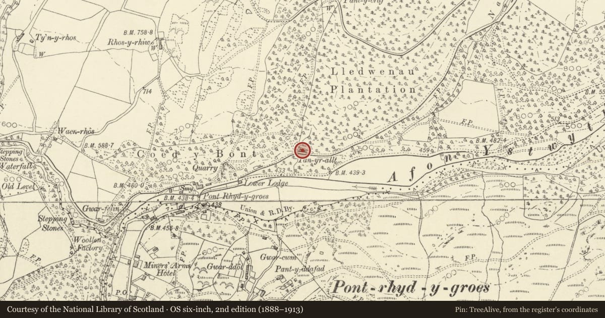 Ordnance Survey six-inch map, 2nd edition (1888–1913) covering the location of Nos 1 and 2 Smiths Cottages, Ysbyty Ystwyth, Ceredigion, with a pin at the register's coordinates